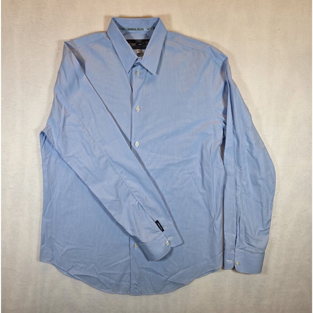 Armani Jeans Men's Blue/White Pinstripe Cotton Dress Shirt XL Long Sleeve